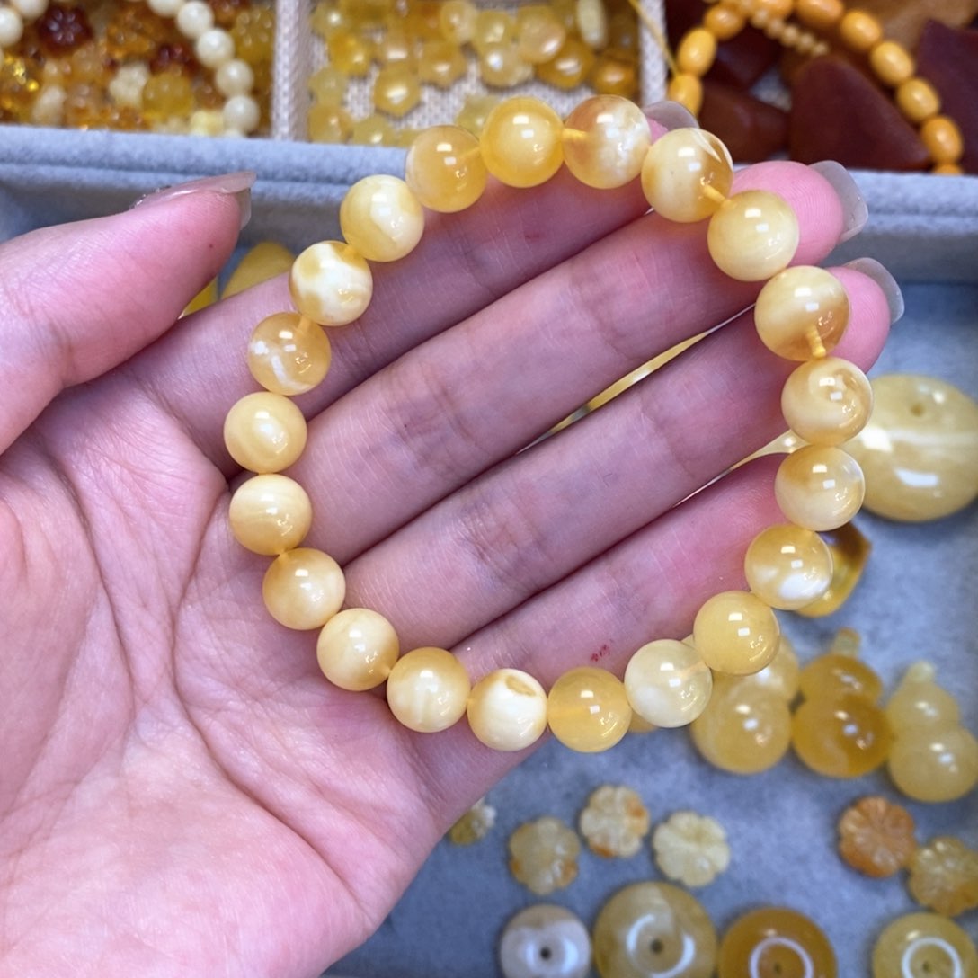 蜜蜡颈饰未镶嵌9+金白妖花圆珠手串