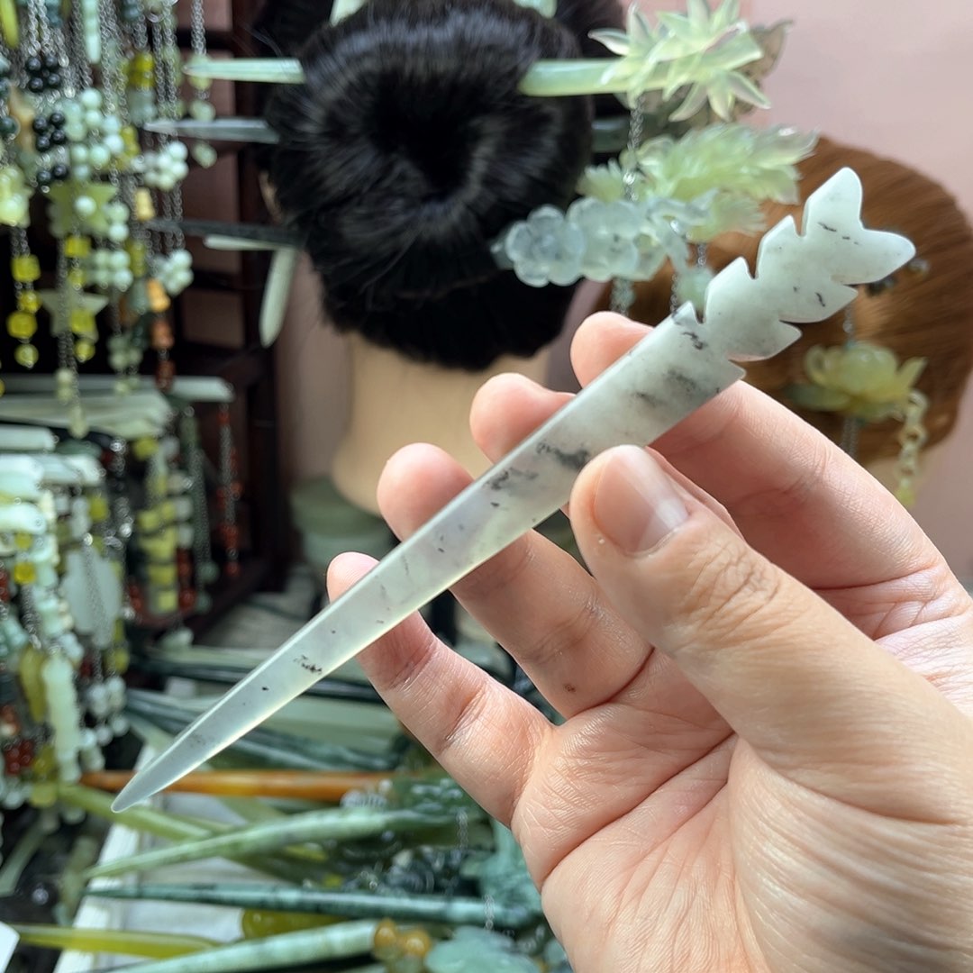 蛇纹石玉发饰未镶嵌长度14.5厘米左右