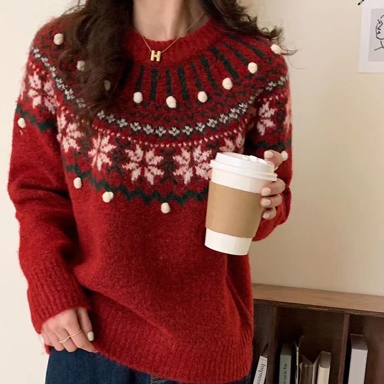 提花圣诞新年红色费尔岛毛衣女套头宽松秋冬加厚慵懒软糯针织上衣