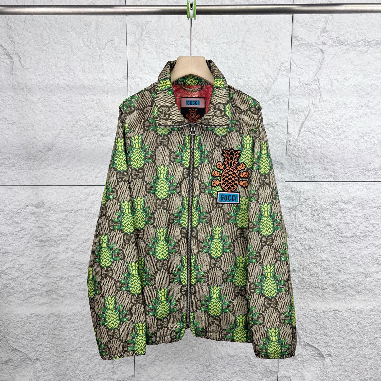 99新 GUCCI/古驰 50码/米色菠萝Logo满印拉链夹克外套/15535851