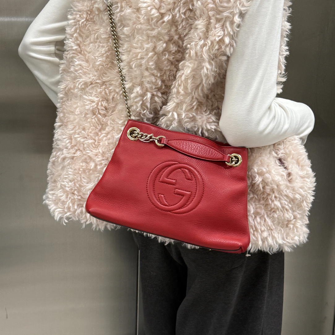 95新 GUCCI/古驰 soho经典双G辣椒红单肩小号斜挎