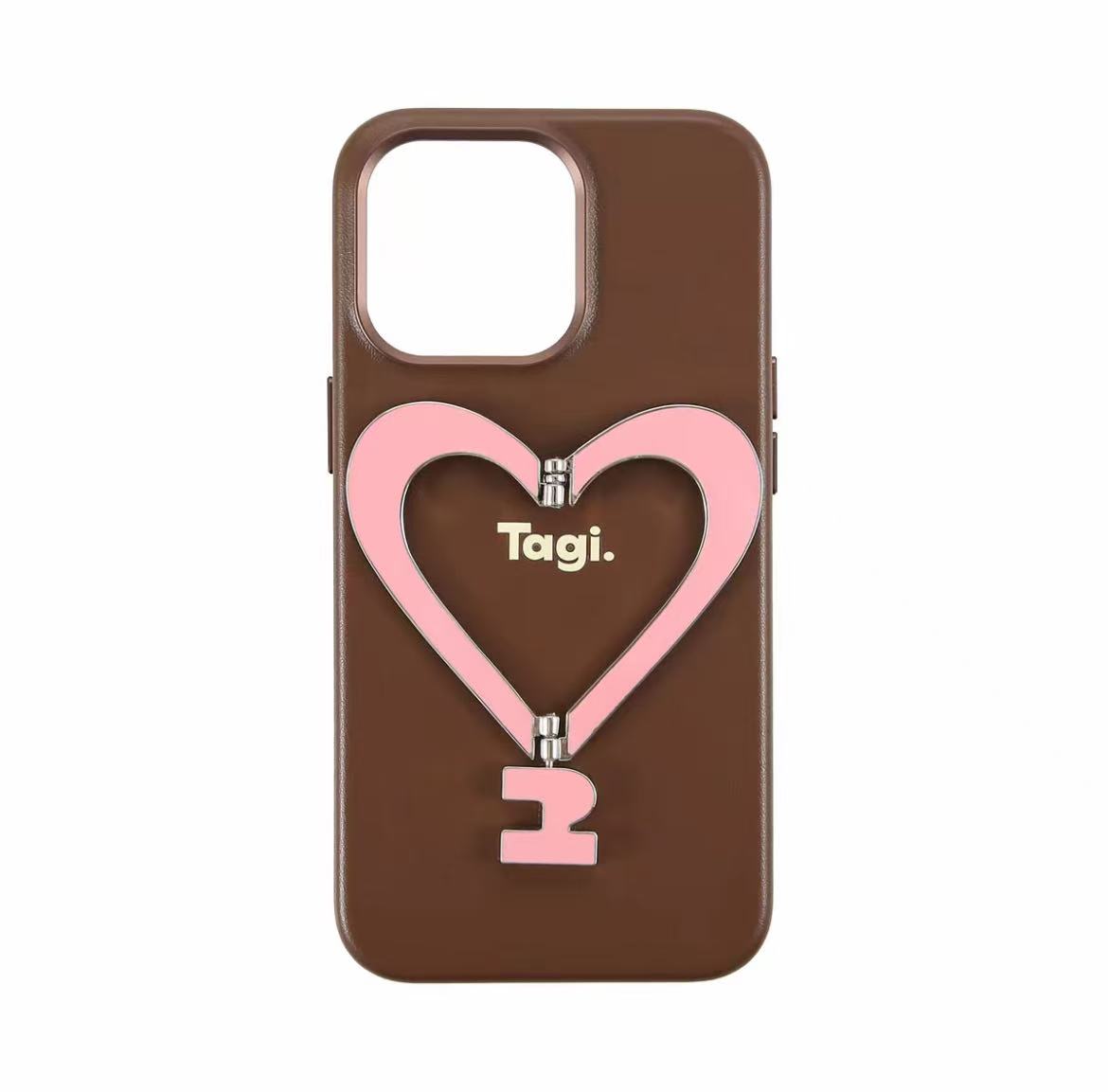 Tg.《让人开心》金属支架皮质爱心手机壳立体创意适用于iPhone