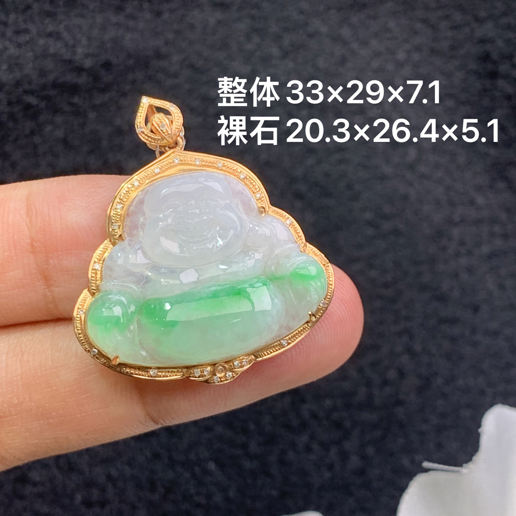 18k金镶嵌天然缅甸翡翠阳绿佛公吊坠33×29×7.1/20.3×26.4×5.1