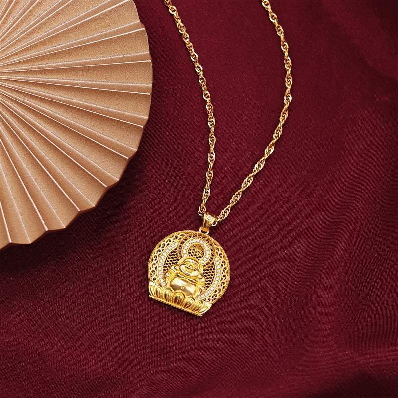 足金999弥勒佛圆牌吊坠坠链精美镶嵌百搭