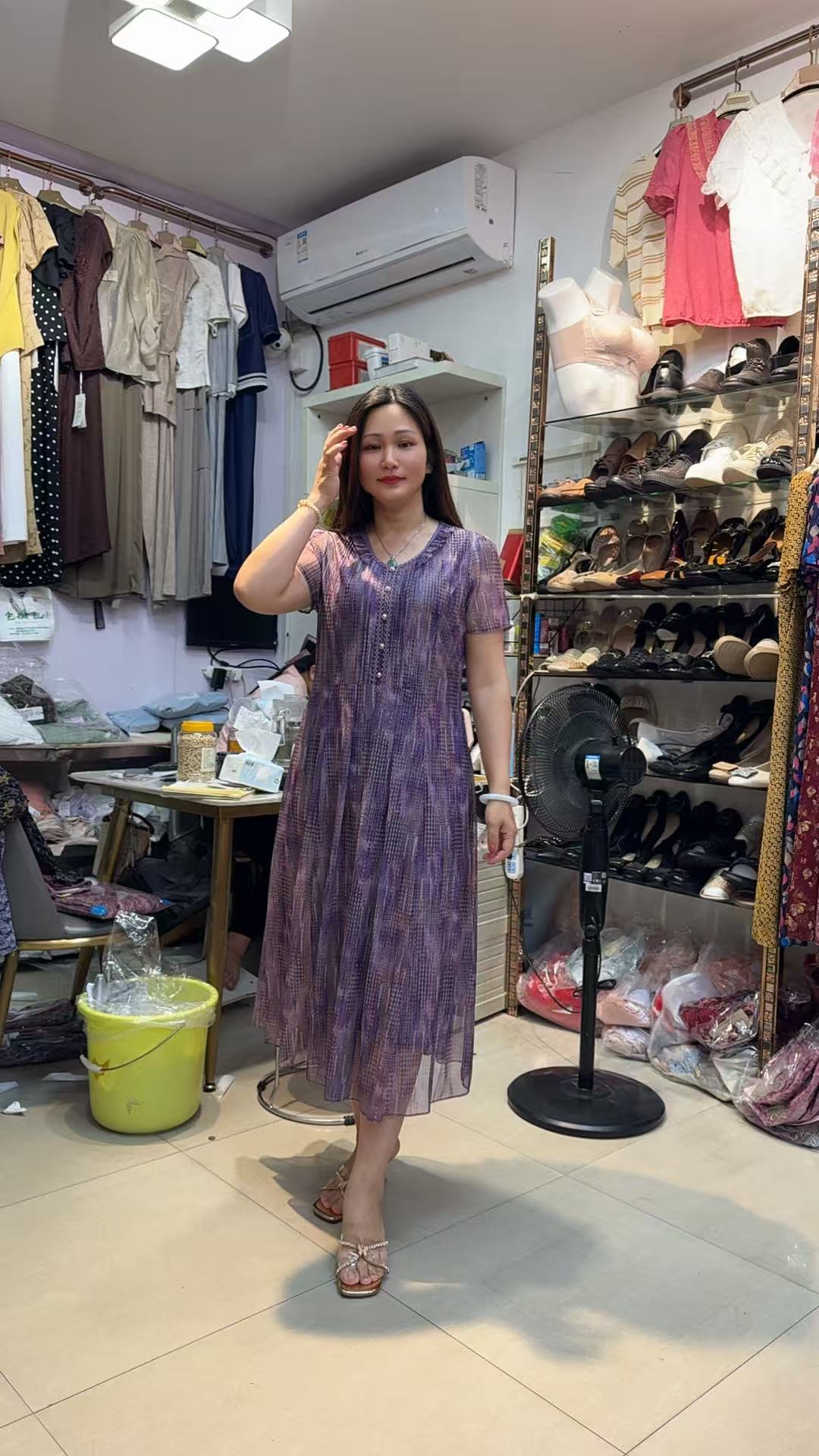 夏季中长款短袖印花弹力网纱连衣裙中老年妈妈装显瘦遮肚