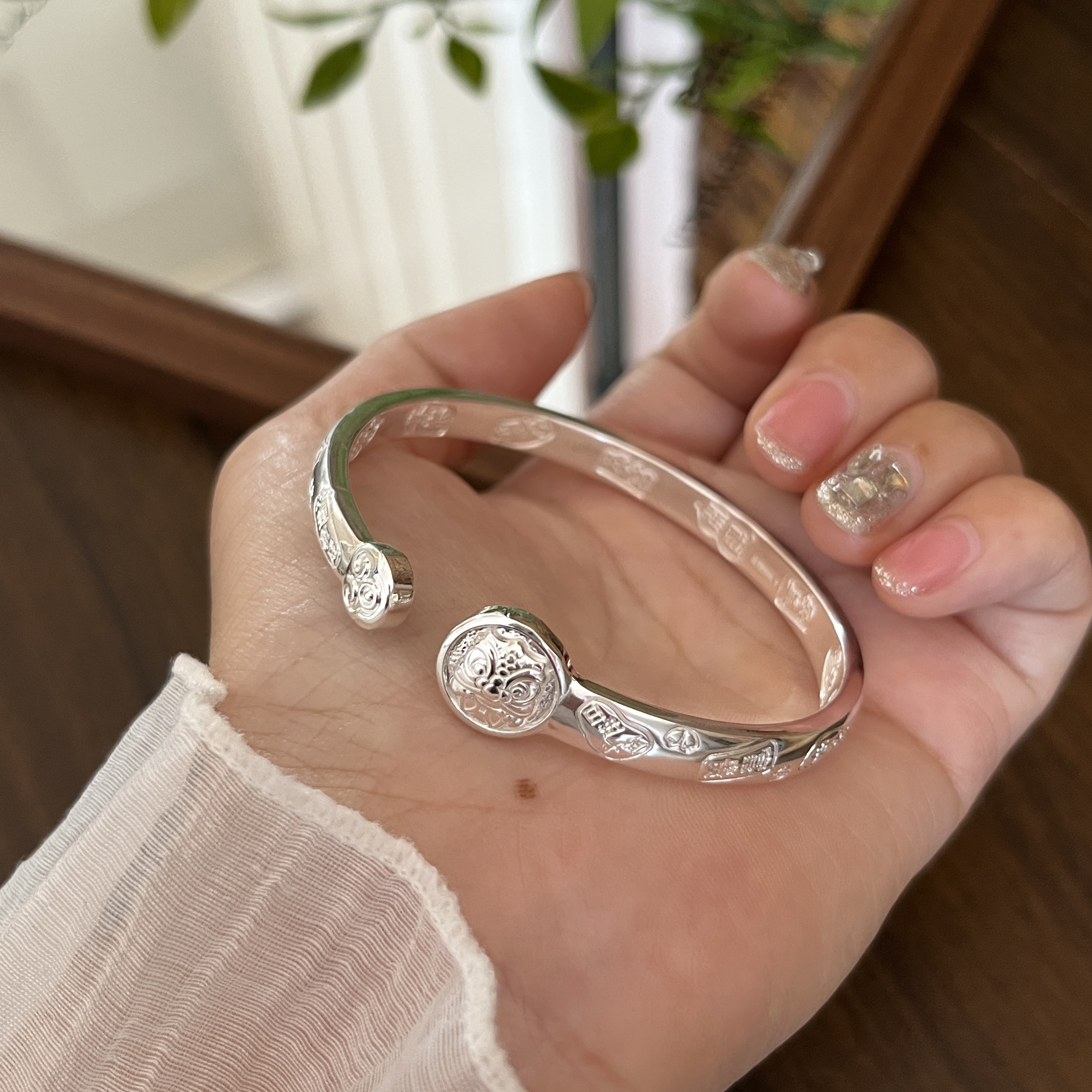 足银手镯 吉言银手镯足银999实心光面开口银镯子民族风礼物