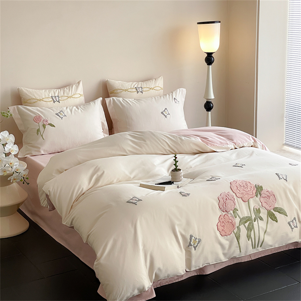 ML 2797 高支全棉磨毛绣花四件套 玫瑰的浪漫-奶芙