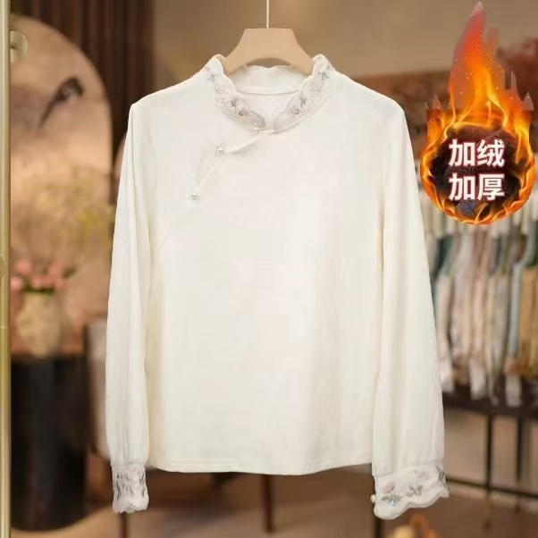 绣花立领加绒款单排扣上衣提花高领国风秋冬加绒