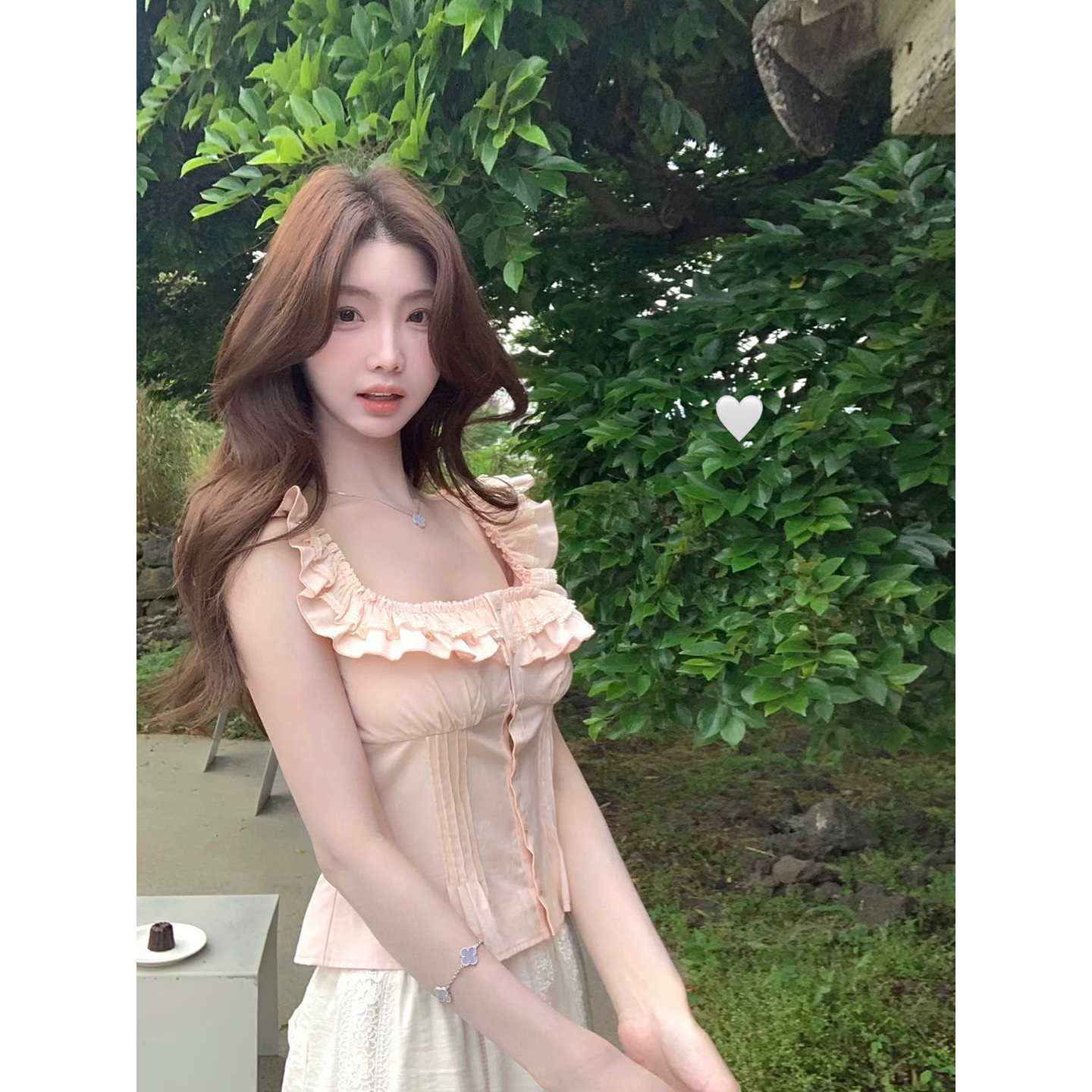 白水女 粉薄荷桃 花边雪纺衫少女韩系温柔纯欲无袖上衣B50651431