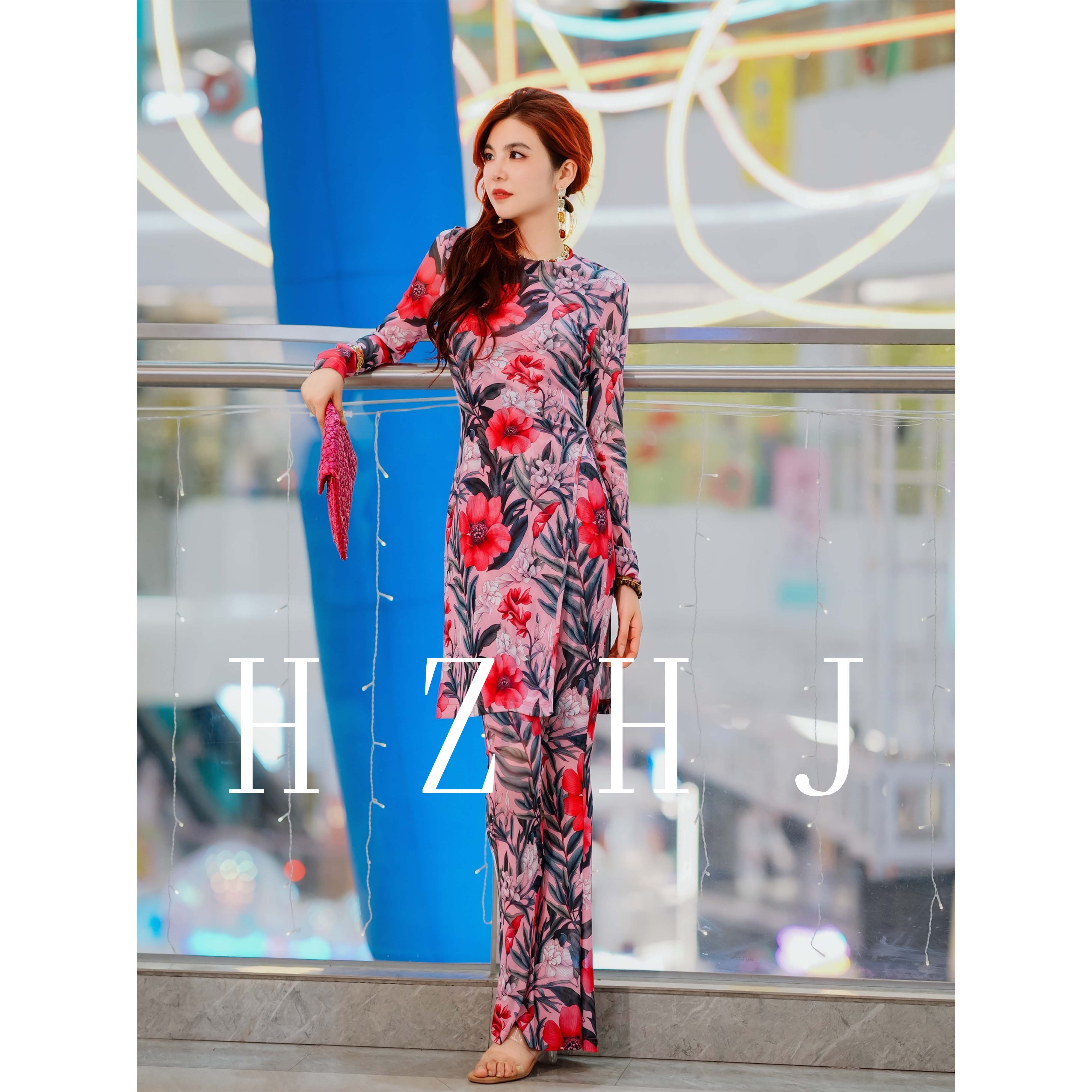 HZHJ新款原创设计 浪漫红花 套装裤花卉法式洋气款高级显瘦637