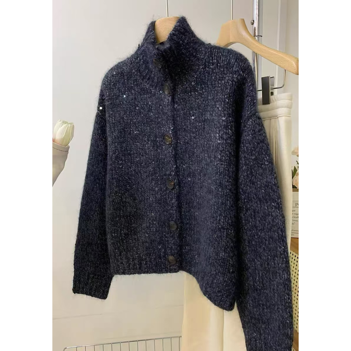 /星夜黑/黑灰亮片毛衣开衫女简约洋气针织衫 胸围56 衣长55 19062