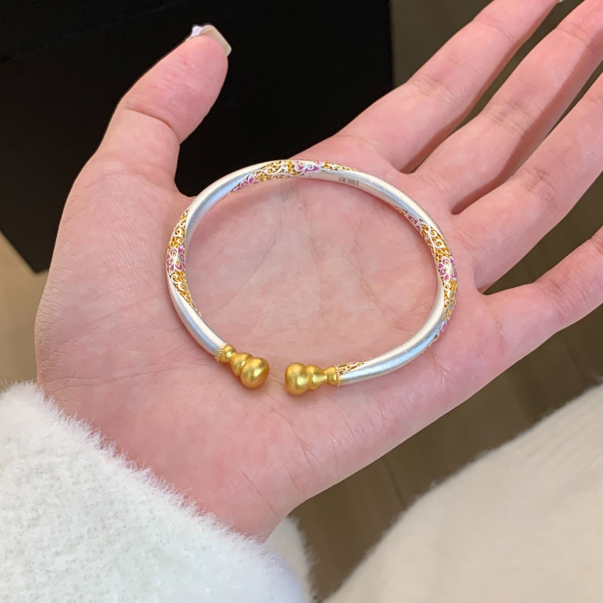 足银珐琅手镯 燕归yangui“花间捕梦”足银999.9 开口可调节 26g