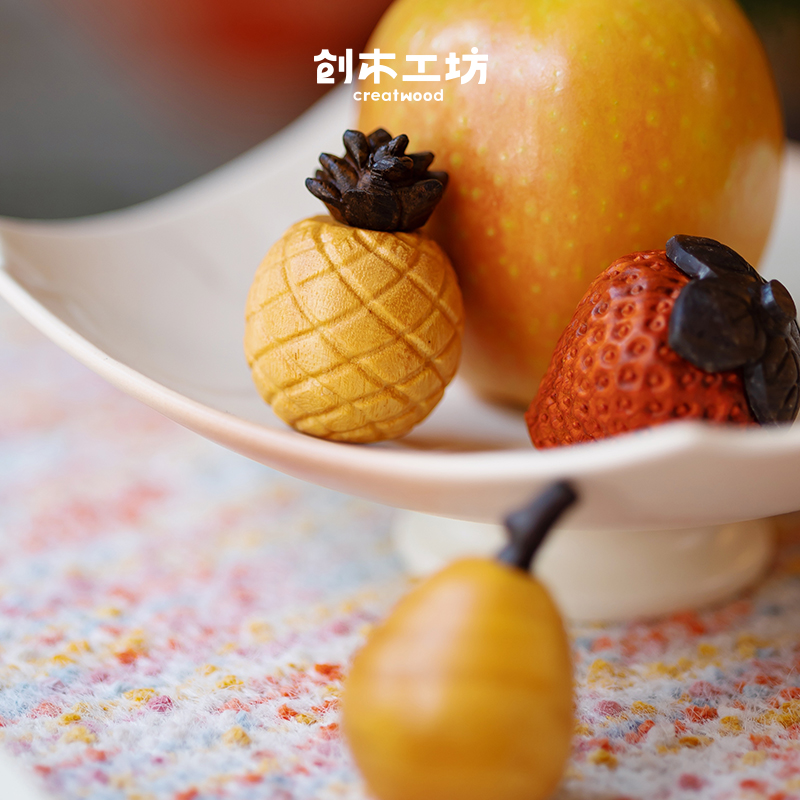 水果木雕/小苹果柿子桔子实木家居办公室桌面装饰新年乔迁礼物