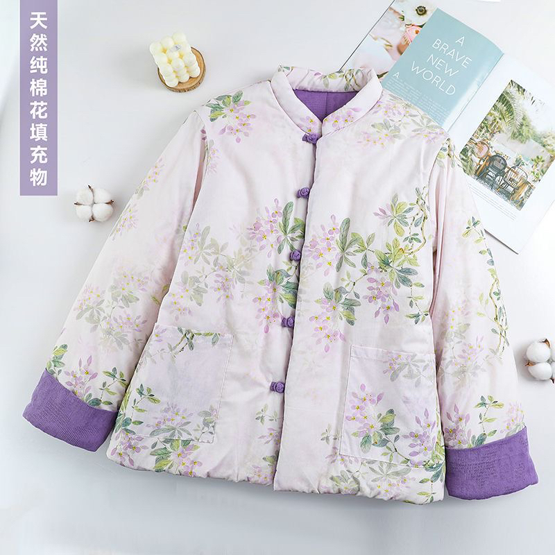冬季棉衣外套复古手工盘扣加厚新款100棉花棉服国风印花保暖棉袄