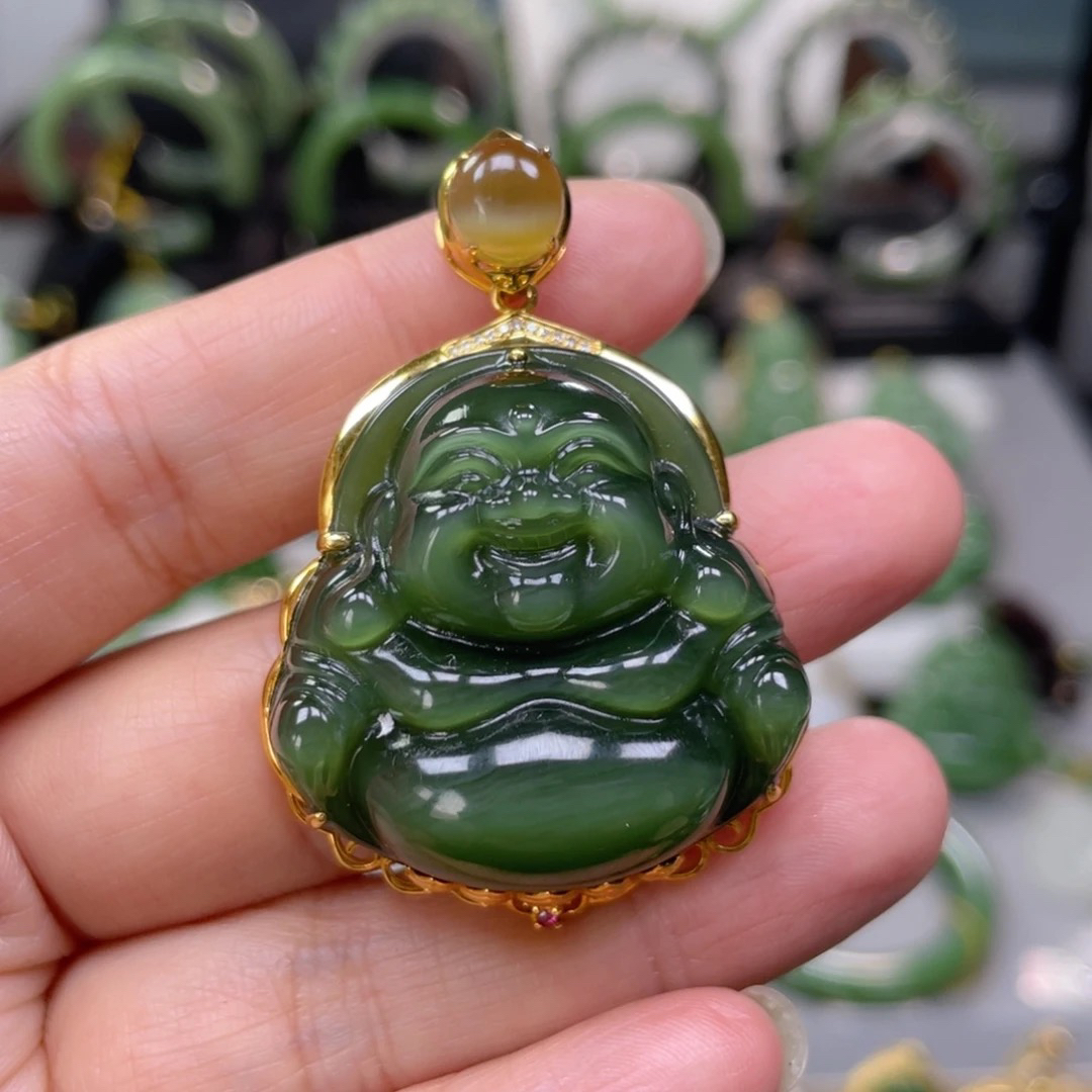 猴教授珠宝18k金纯天然和田碧玉厚妆佛公裸佛35mm佛公玉坠