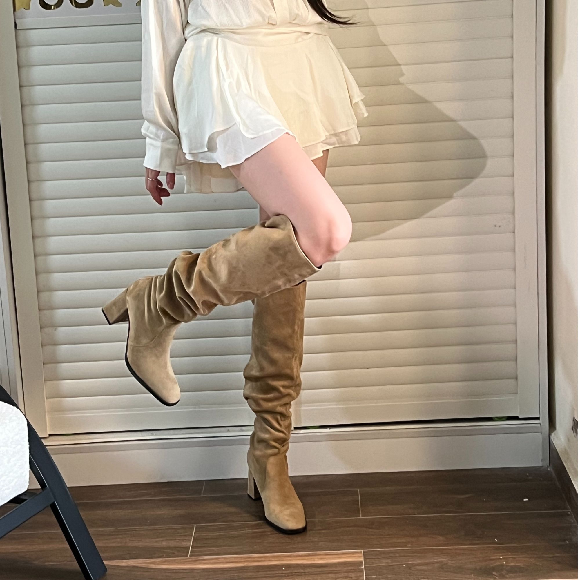 卡其色长筒靴女2025新款方头粗跟两穿堆堆靴骑士靴绒面过膝长靴