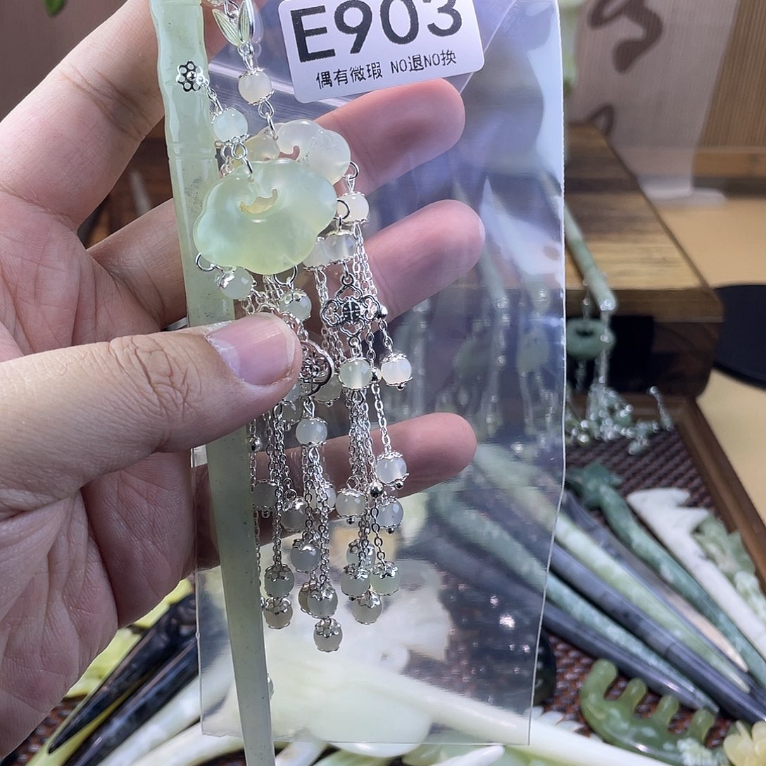 蛇纹石玉发饰银S925镀金镶嵌湘*