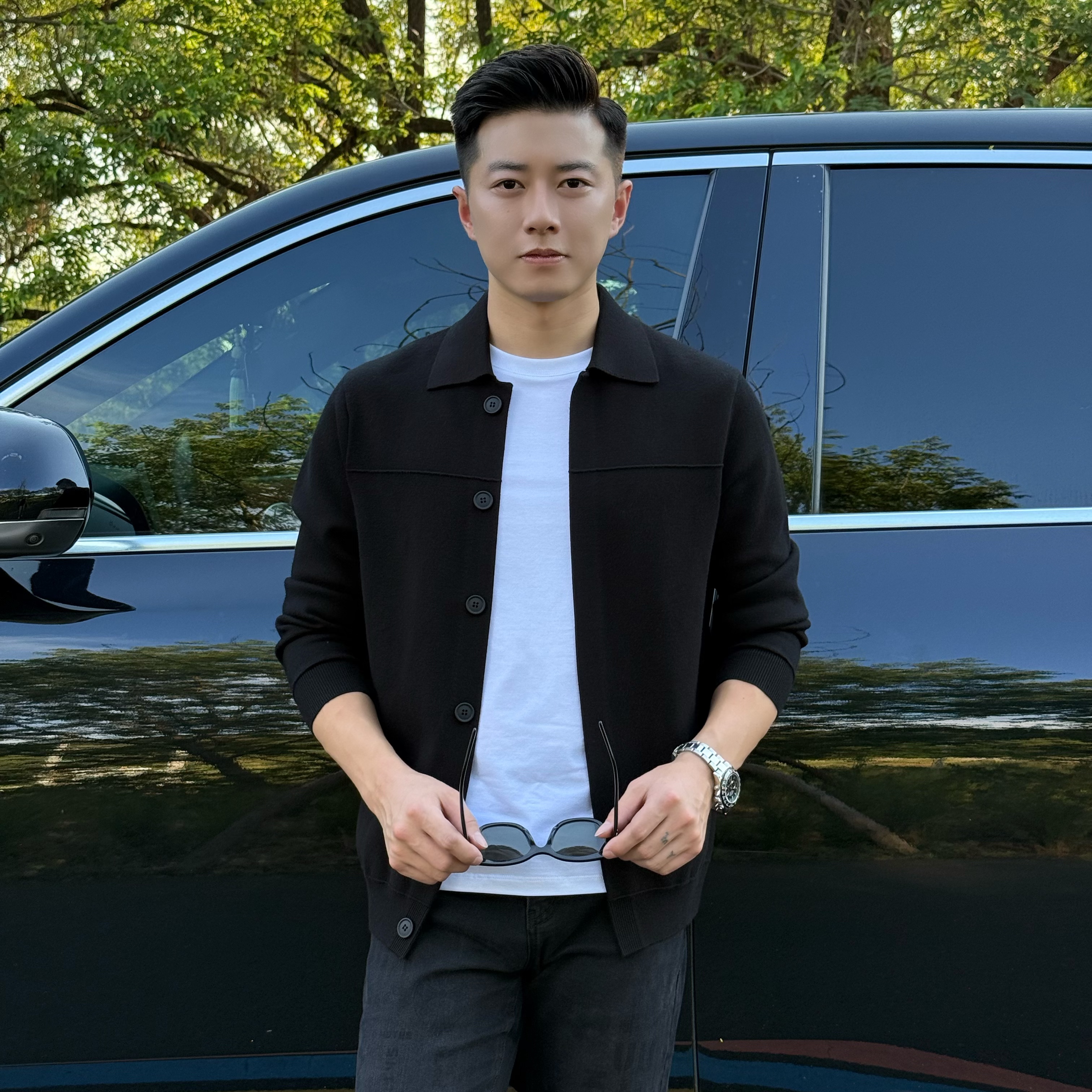 小杰/L-jie 男士秋季经典横条翻领时尚开衫夹克（0001）