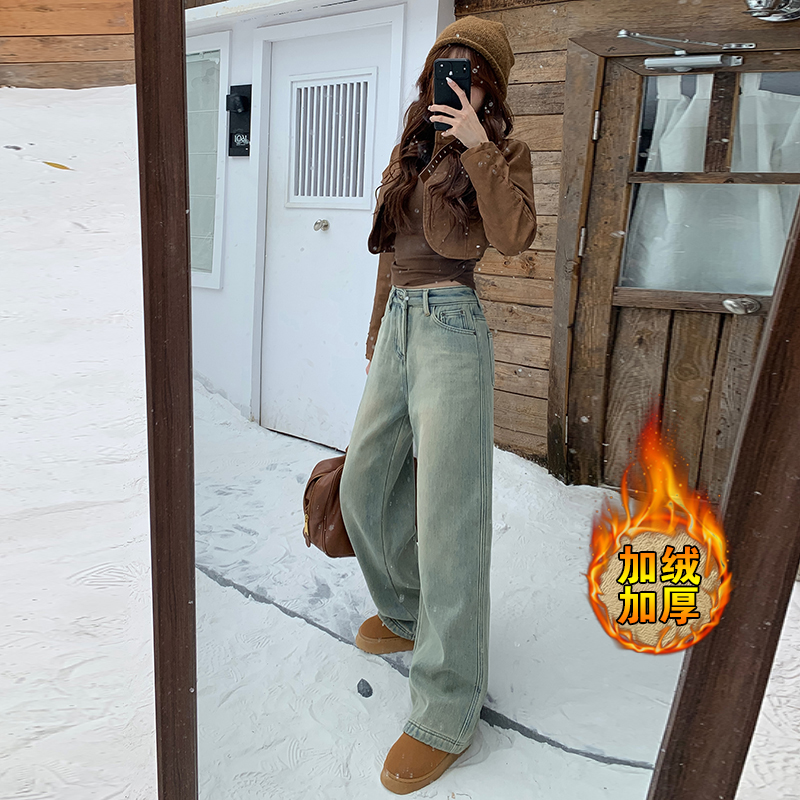 怀旧蓝阔腿加绒牛仔裤女2025冬季新款高腰宽松显瘦垂感直筒拖地裤