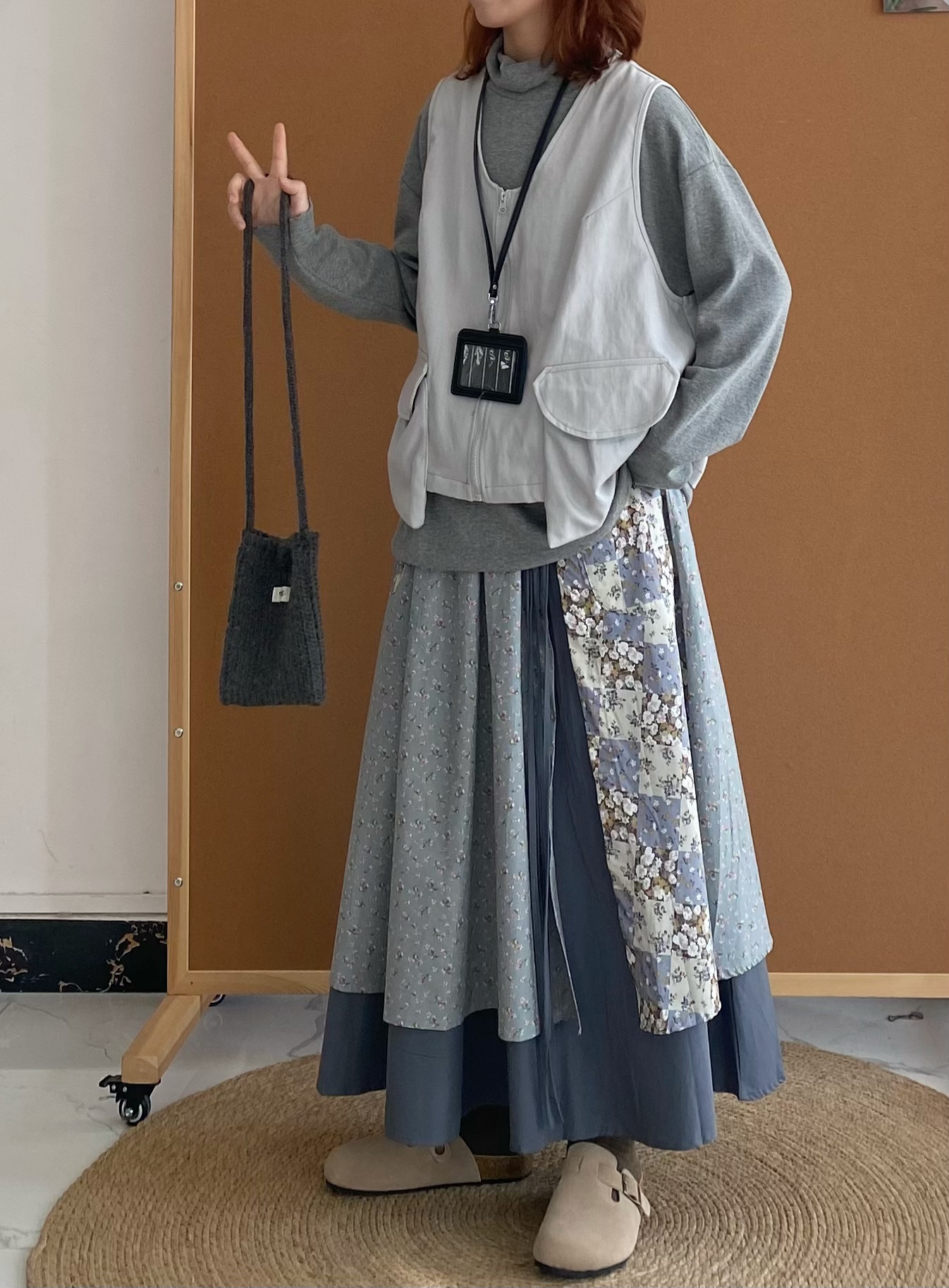 日系复古重工双层拼接半身裙