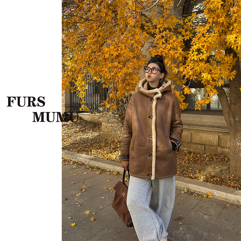 【沐沐】进口麦昆羊皮毛一体外套女中长款连帽皮草大衣561