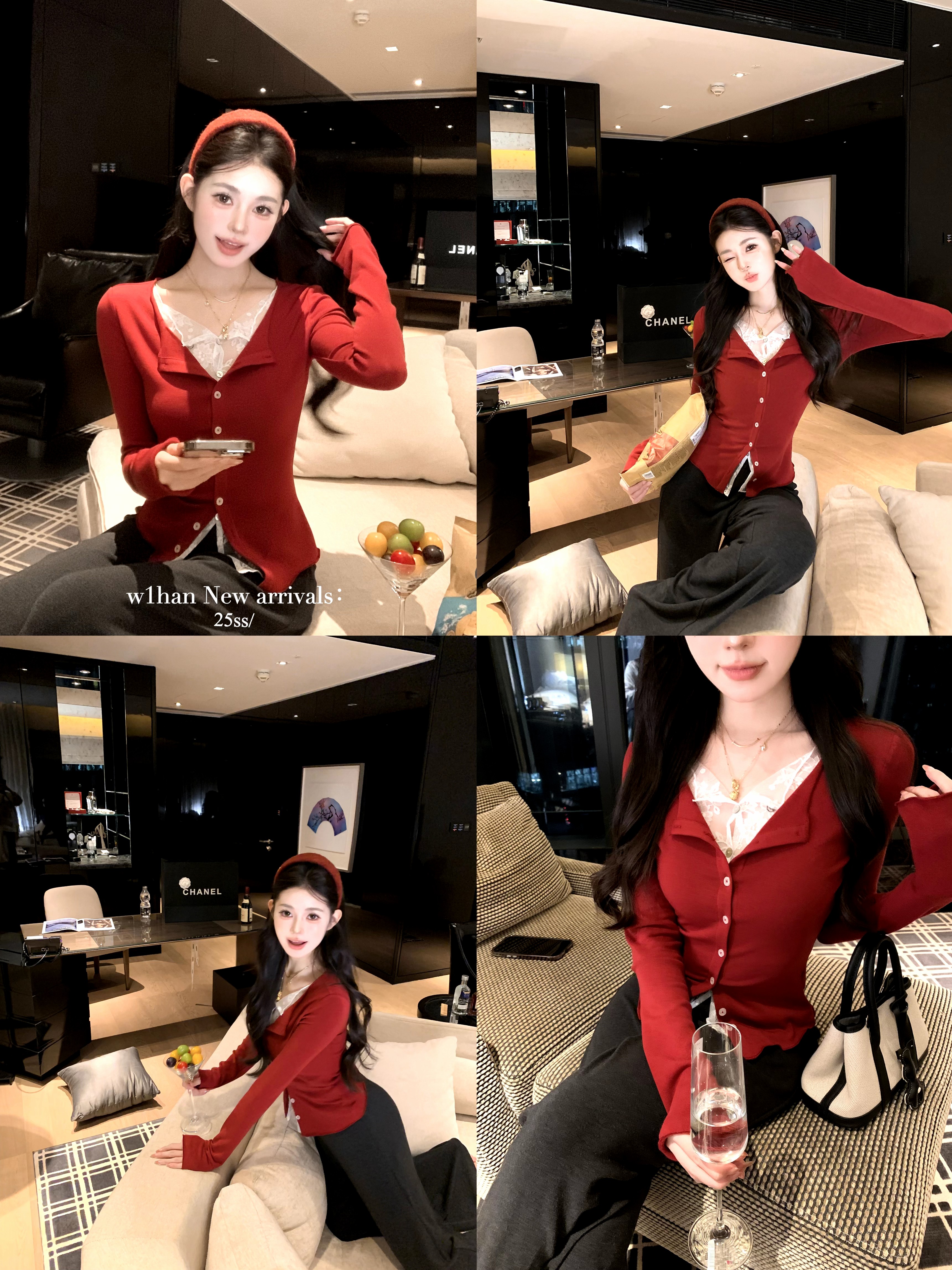 W1han法式气质修身蕾丝拼接假两件上衣900041