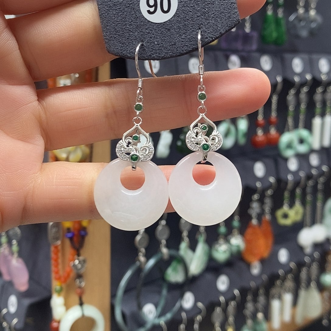 墨***荷和田玉银S925镶嵌耳饰