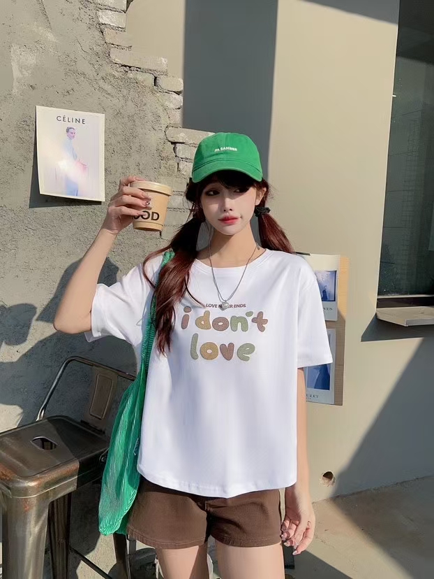 短袖字母拼接刺绣抗皱百搭T恤大版休闲印花ins简约小众