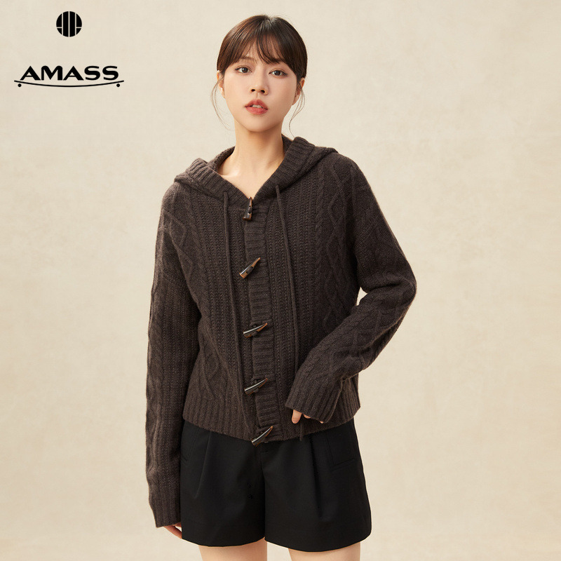 阿玛施AMASS麻花编织牛角扣纯山羊绒针织开衫老钱风外套女5499182