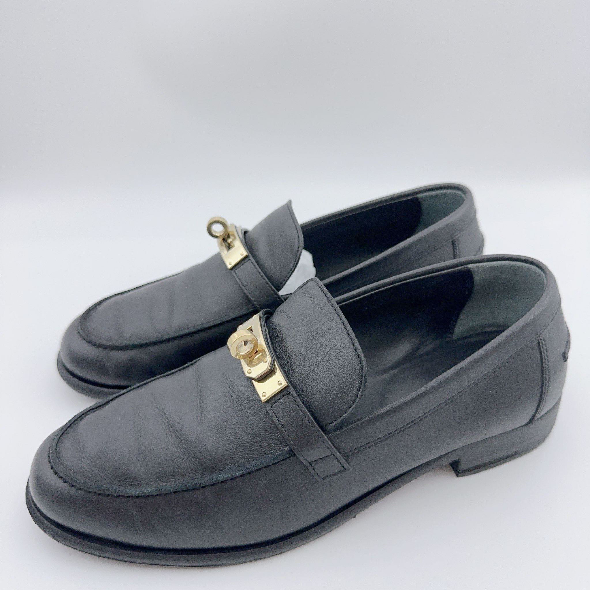 95新 Hermes/爱马仕 37码/黑金Kelly扣乐福鞋/01444