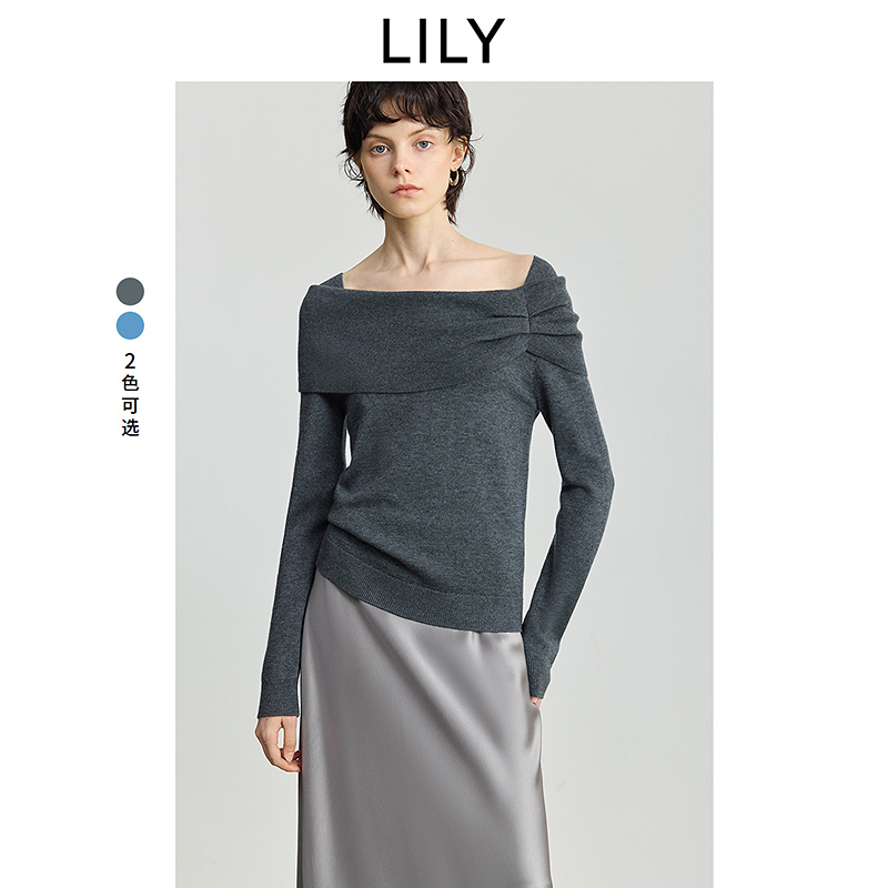 LILY2025冬新款女装羊毛混纺法式一字肩不对称针织衫125409TK957