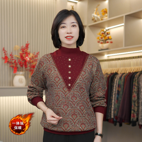 2025洋气新款时尚风中老年女装加厚秋装休闲气质烫钻假两件妈妈装