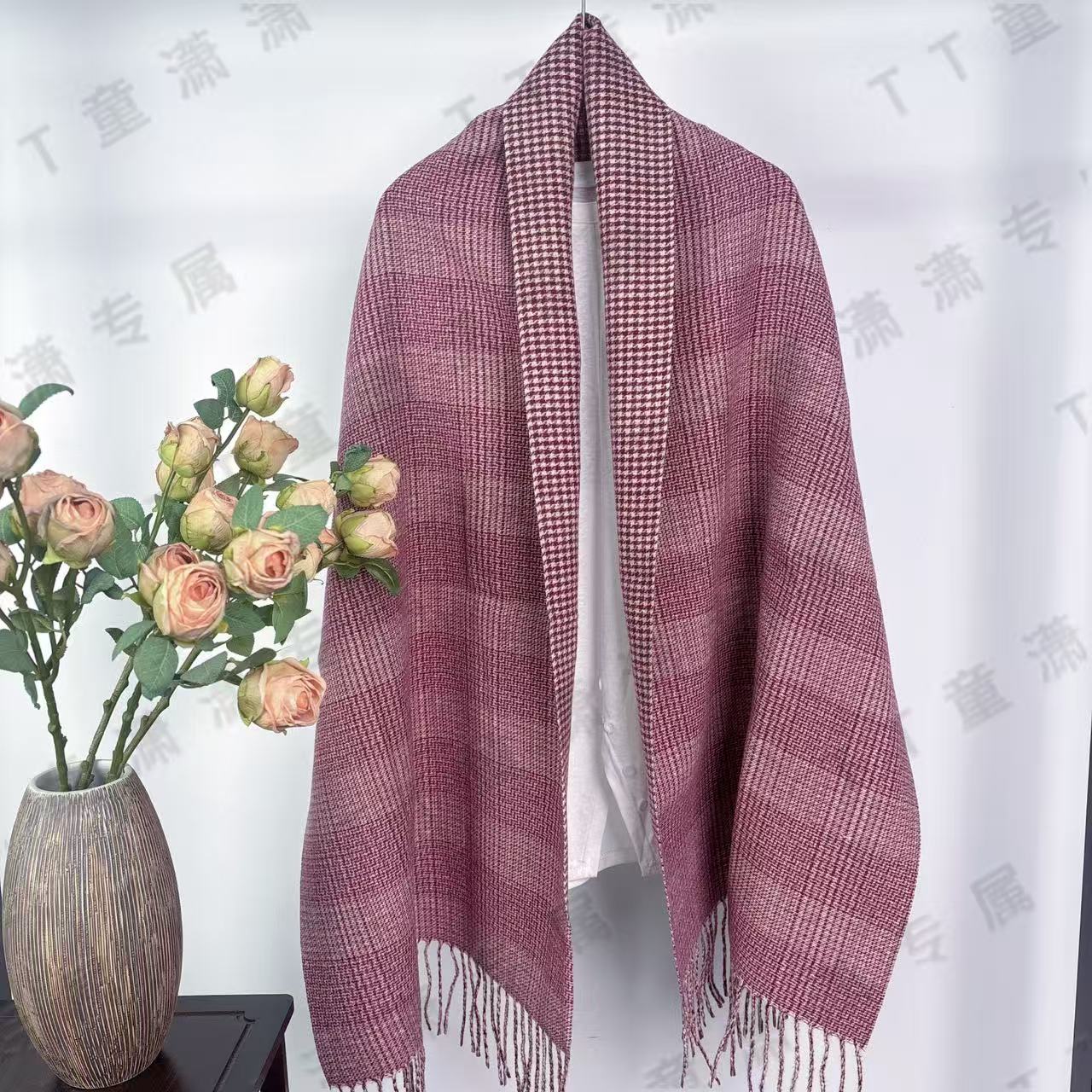 （粉色千鸟格）新款流苏长巾50*180左右围巾HZY