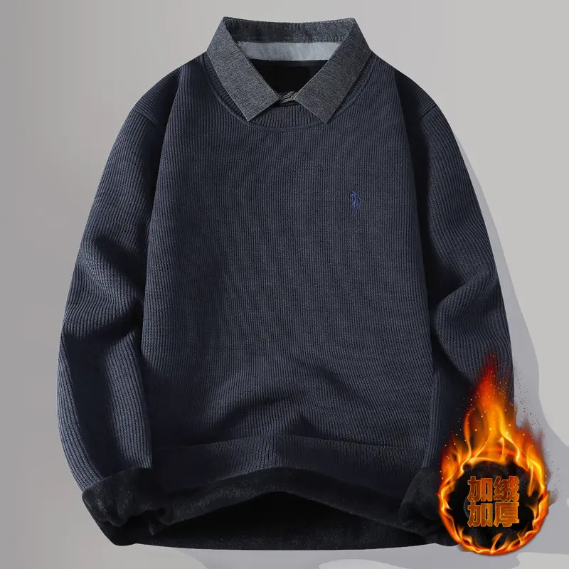 2025年新款加绒假两件一体绒毛衣男衬衫领加绒加厚休闲保暖打底衫