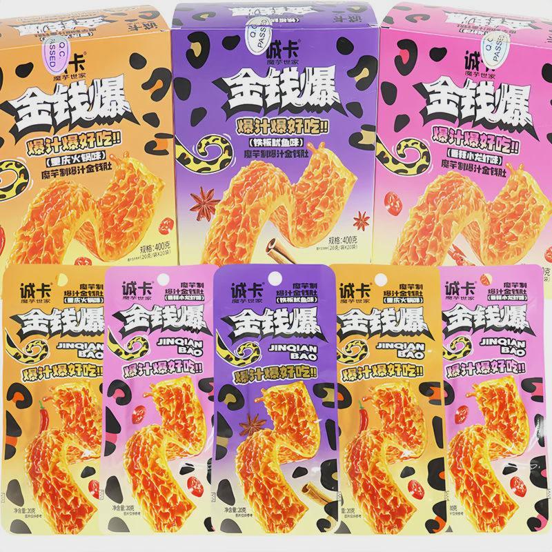 诚卡金钱爆魔芋爆汁金钱肚香辣小龙虾火锅味盒装网红宿舍追剧零食