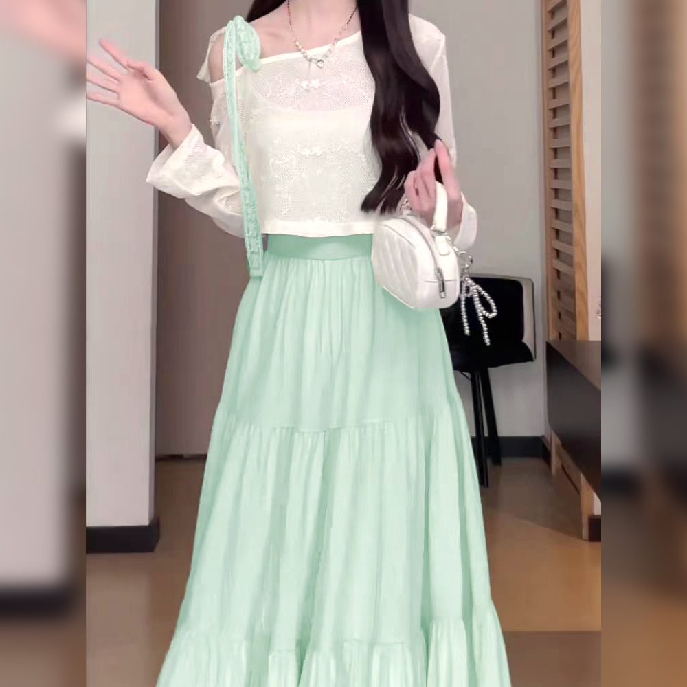 大码女装300斤胖MM夏季长袖镂空罩衫吊带连衣裙两件套66942