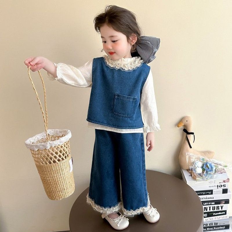 春秋季套装2025新款韩系儿童洋气时髦衬衫牛仔马甲裤子三件