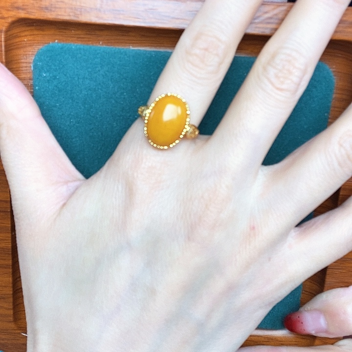 蜜蜡戒指银S925镶嵌戒指