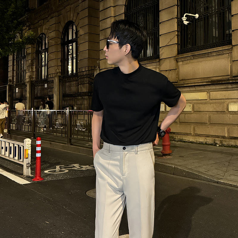  耀轩1韩版T修身体恤打底男士针织休闲百搭夏季短袖潮流纯色简约