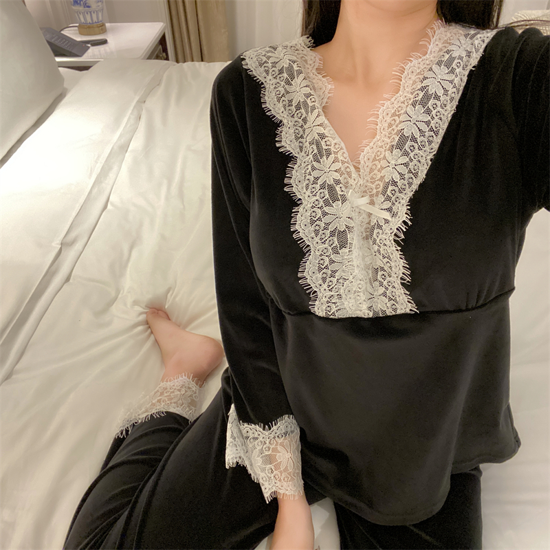 新款秋冬海岛绒睡衣女甜美加厚保暖带胸垫可外穿家居服套装春天