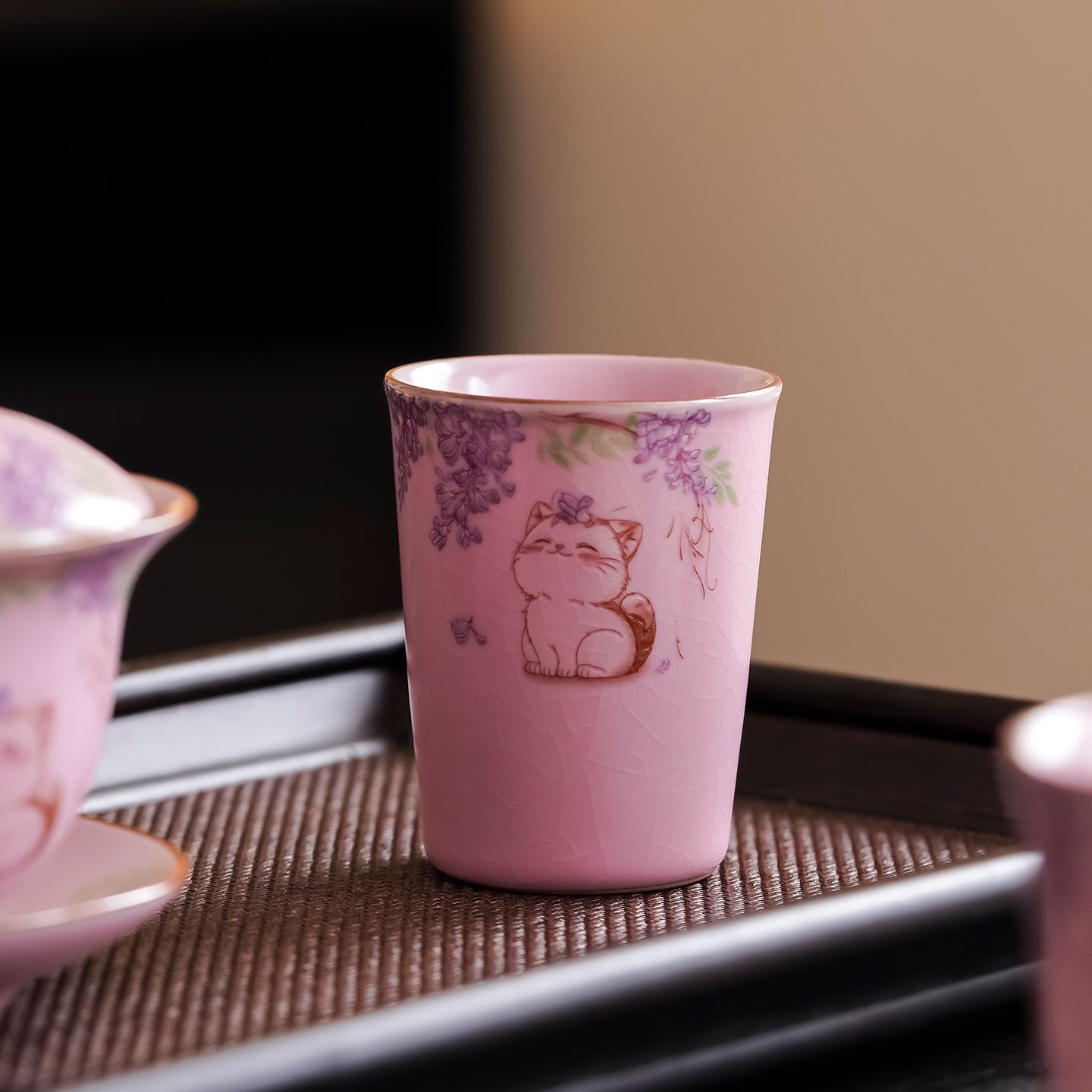 汝窑茶杯主人杯陶瓷主人杯家用大容量喝茶杯高颜值粉色猫咪随手杯