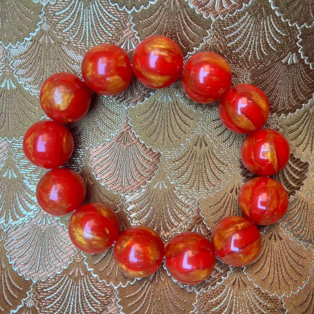 【 炎轩文趣斋】lz红色带金丝圆珠手串