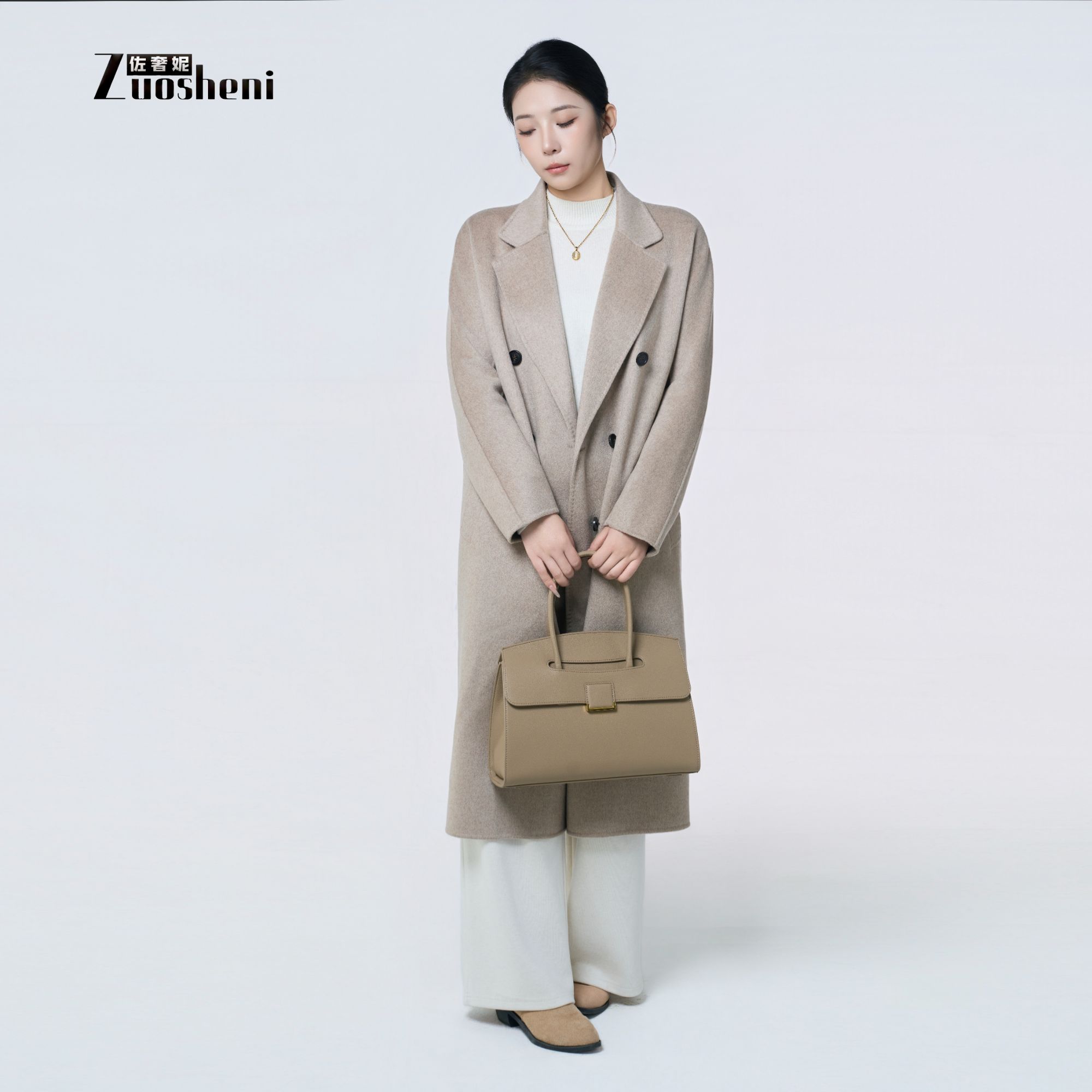 佐奢妮100山羊绒大衣外套女士长款西装领大衣双排扣冬季女士时尚