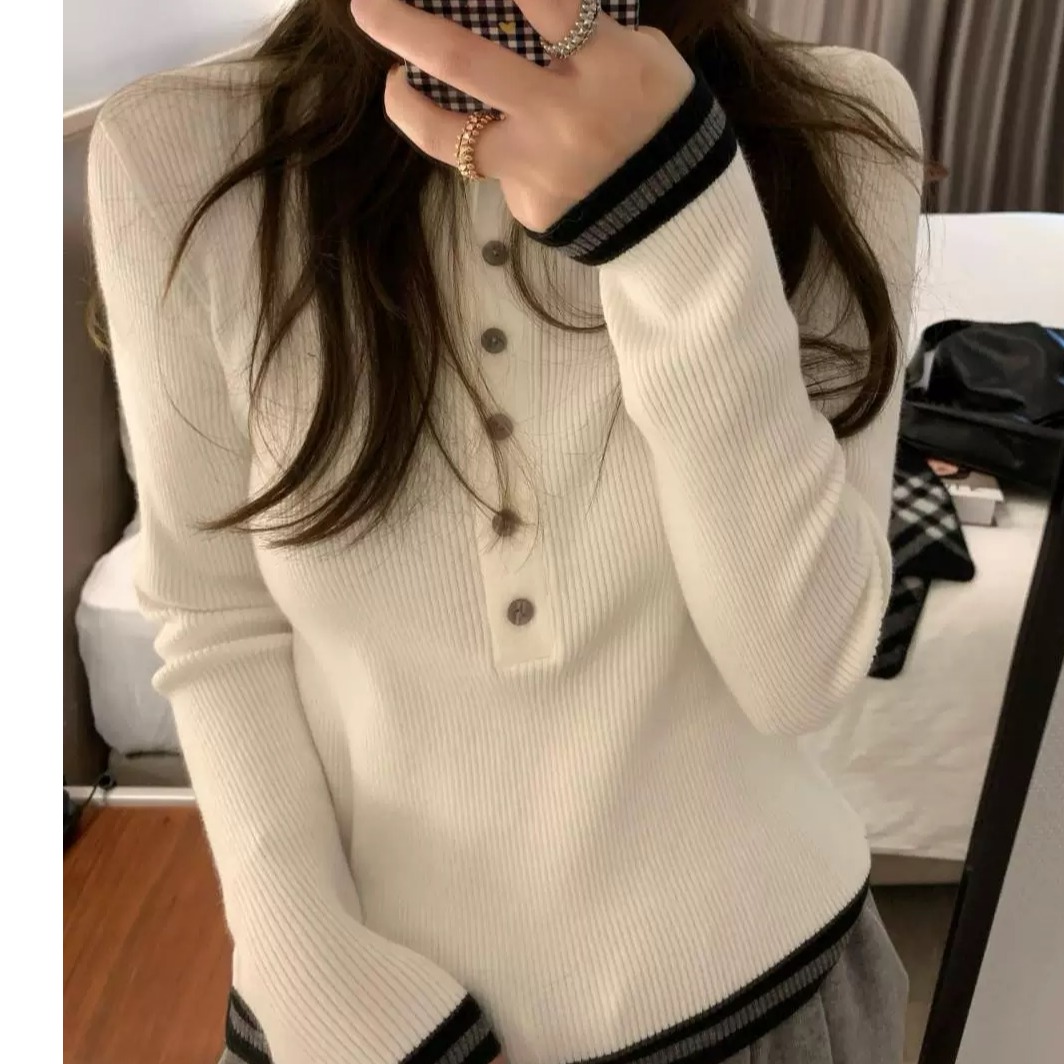 韩系高级感polo领针织打底衫女内搭早秋季洋气超好看独特漂亮上衣