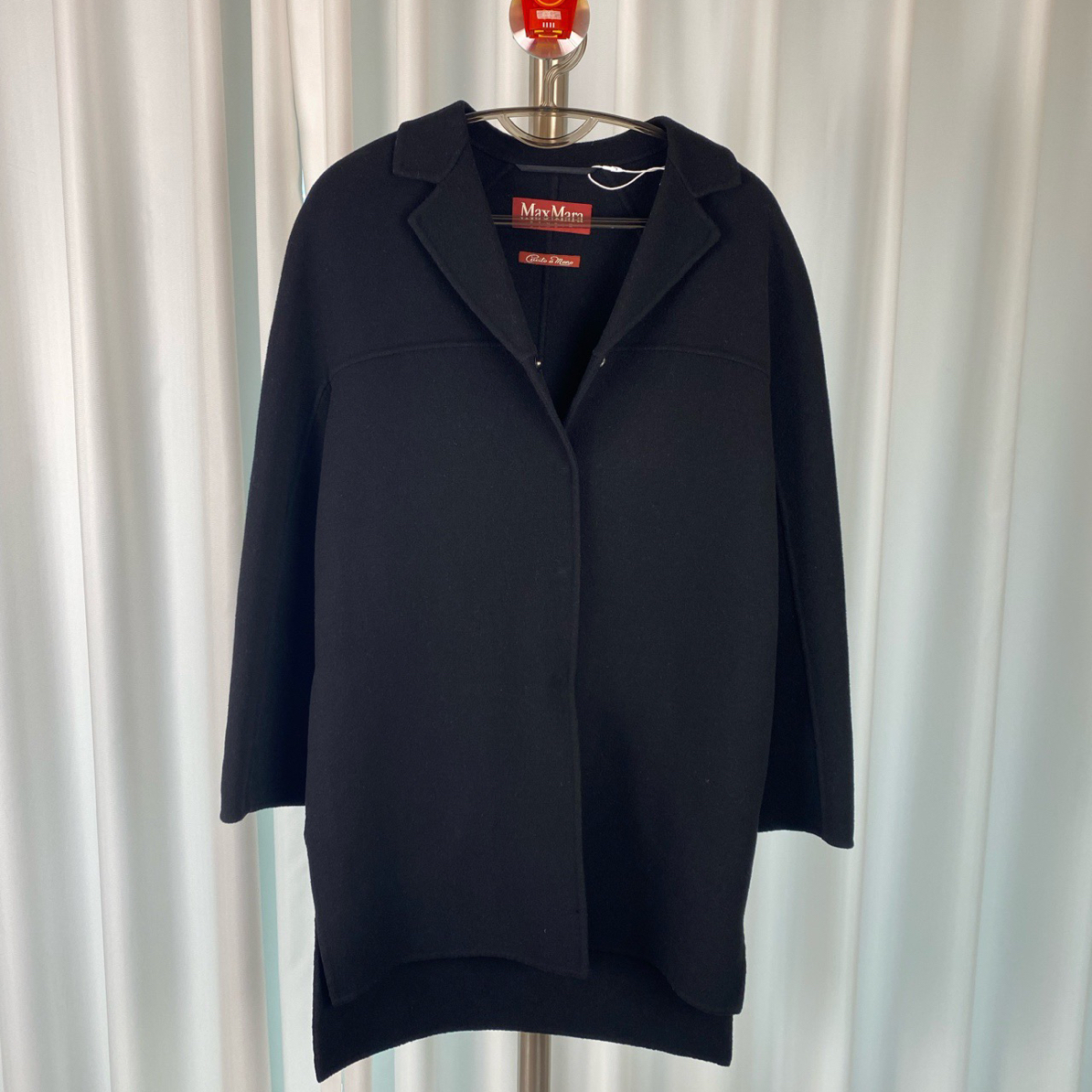 99新 MaxMara 黑色女款翻领宽松长袖中长款大衣/尺码38/B03096