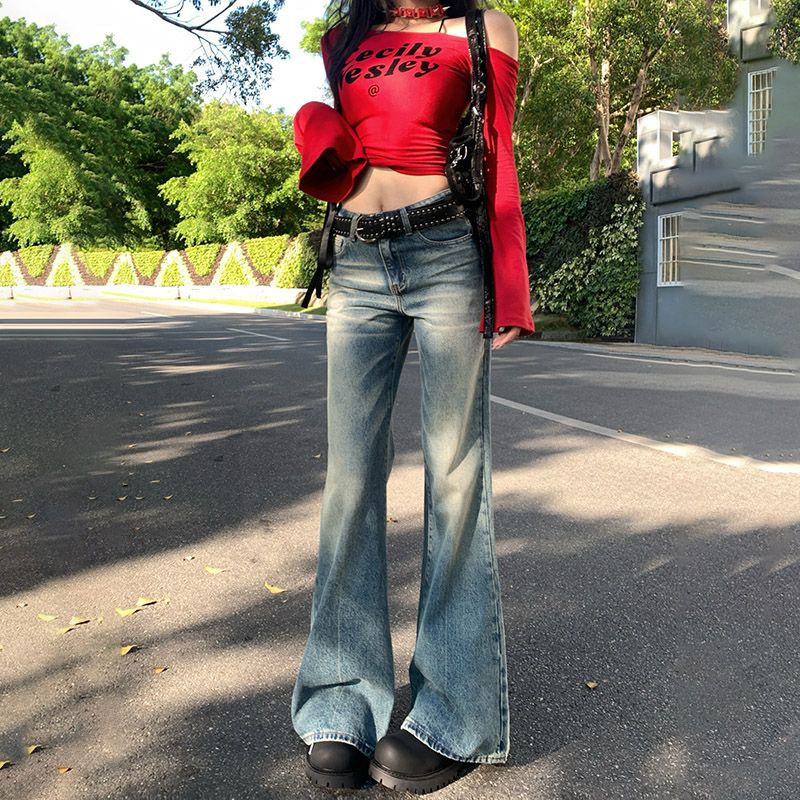 美式复古水洗低腰辣妹喇叭裤垂感百搭显瘦初秋牛仔裤