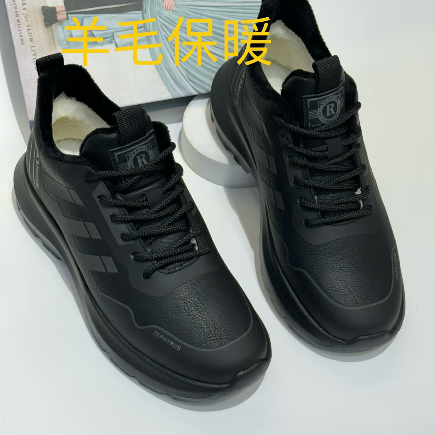 男鞋冬季羊毛休闲鞋鞋轻便舒适防水防寒加厚棉鞋系带百搭平底防滑