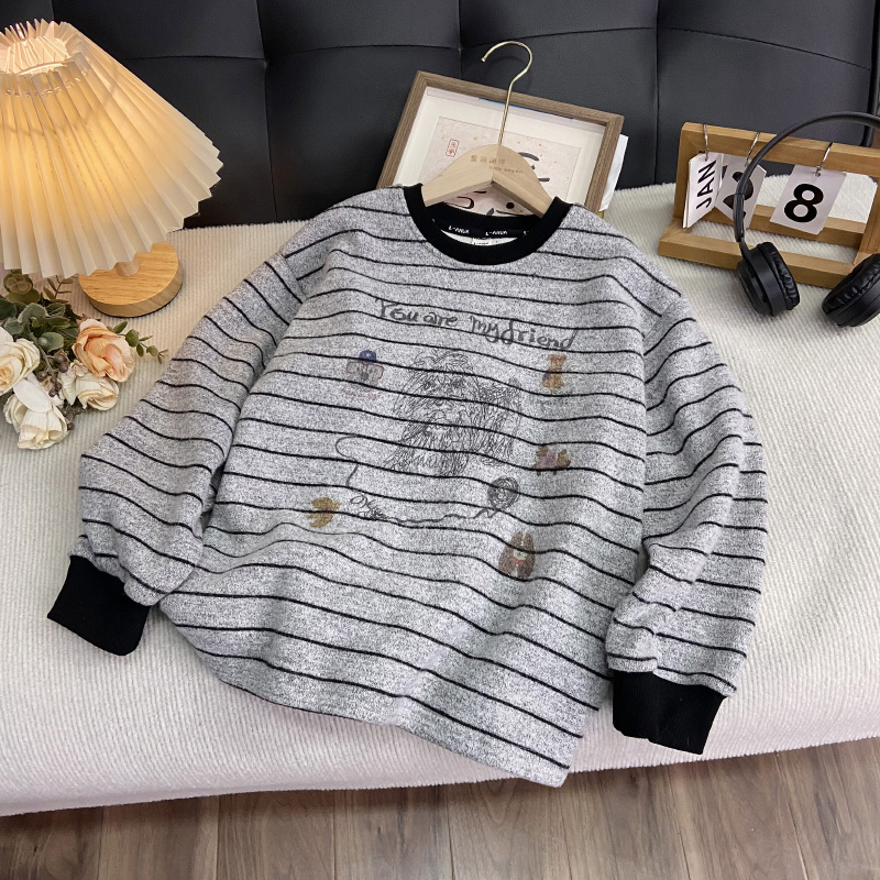佑妈家童装 女童加绒卫衣 儿童中大童条纹长袖打底衫