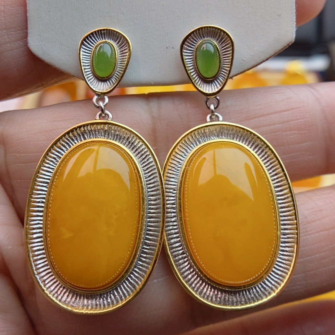 琥珀耳饰银S925镀金镶嵌