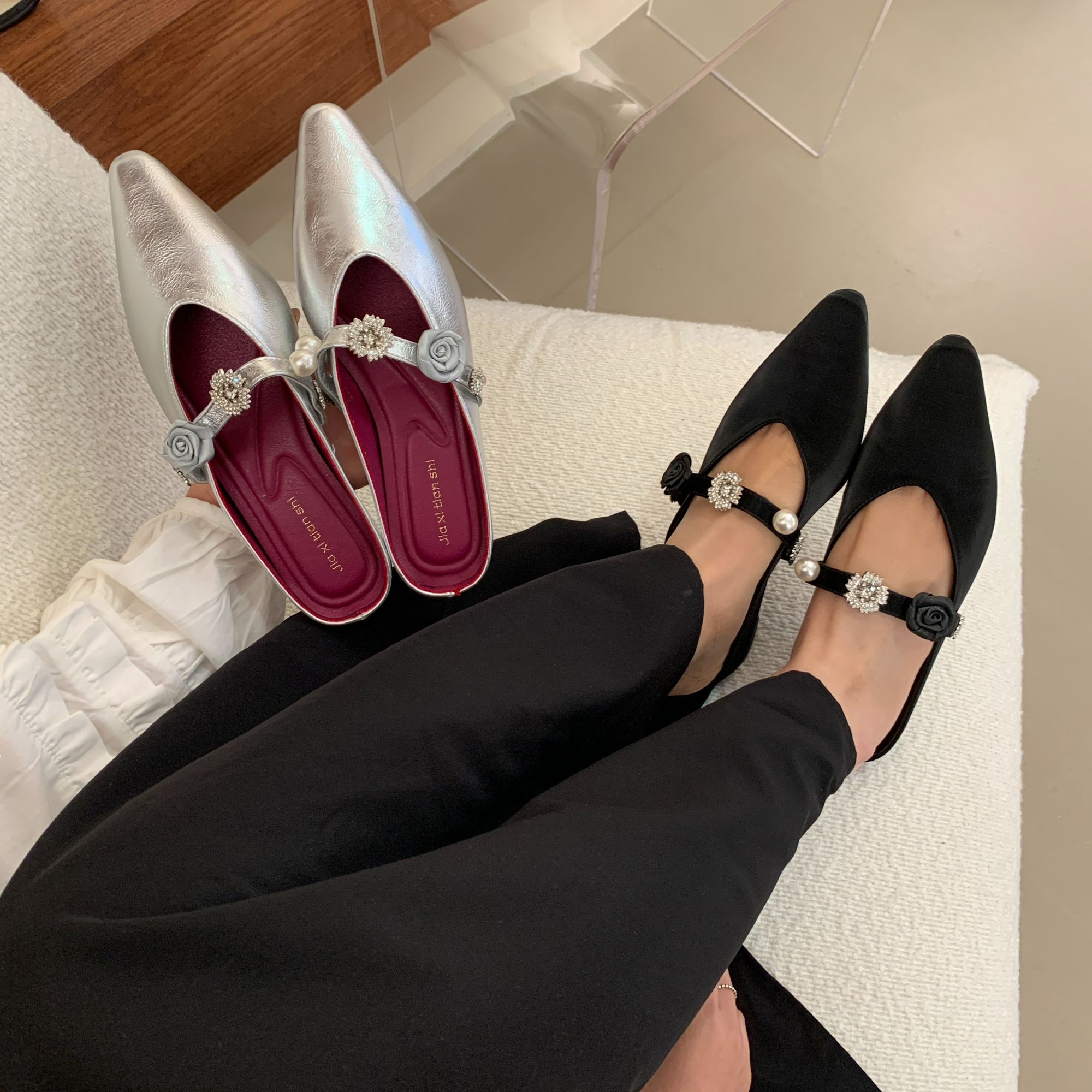 真皮庄园玫瑰尖头内增高法式气质百搭牛皮软底半拖6886-52